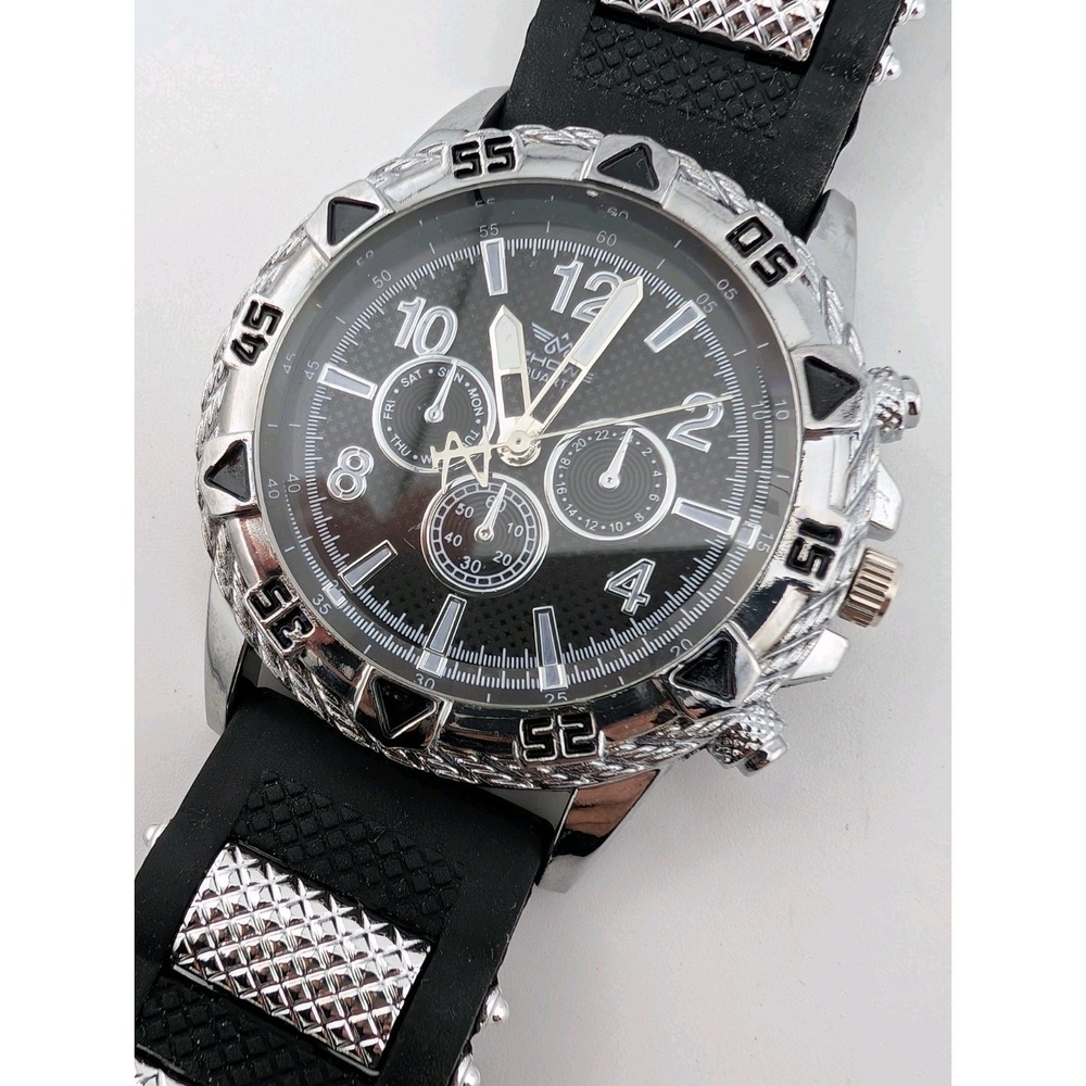 Zhowe Watch Men 46mm Silver Case Black Silicone Band- New Battery